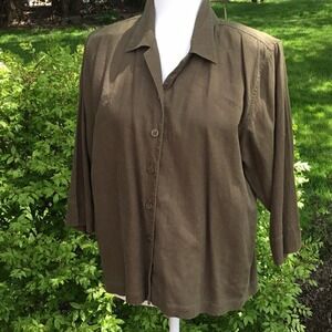 Christopher & Banks Size L Linen Blend Button Down Olive Green Office Layering